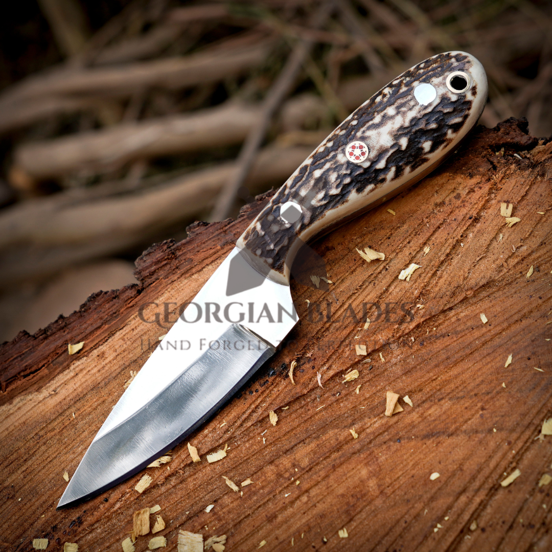 The Ghost Ridge Hunting Knife - Premium Hand Forged Full Tang Skinning Knife - Stag Antler Handle - D2 Steel- 7 inches