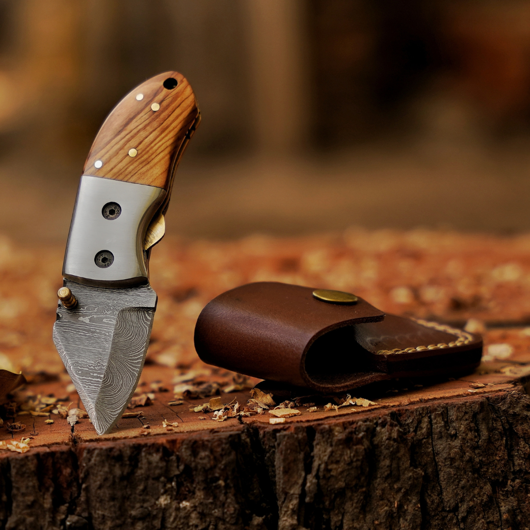 The "Davy Crockett" Mini EDC 5.5" Folding Knife with Leather Sheath