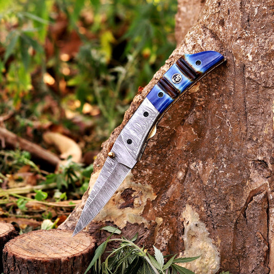 The Sullivan Folder 7.5-inch Hand Forged Damascus Steel Pocket Knife with Leather Sheath