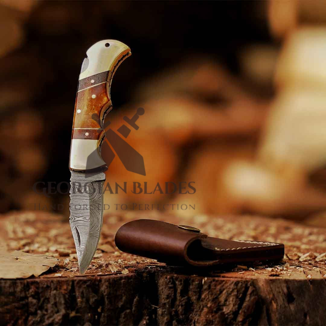 The John Paul Jones Damascus Folding Knife 6.75-inch Bone Handle Knife with Leather Sheath