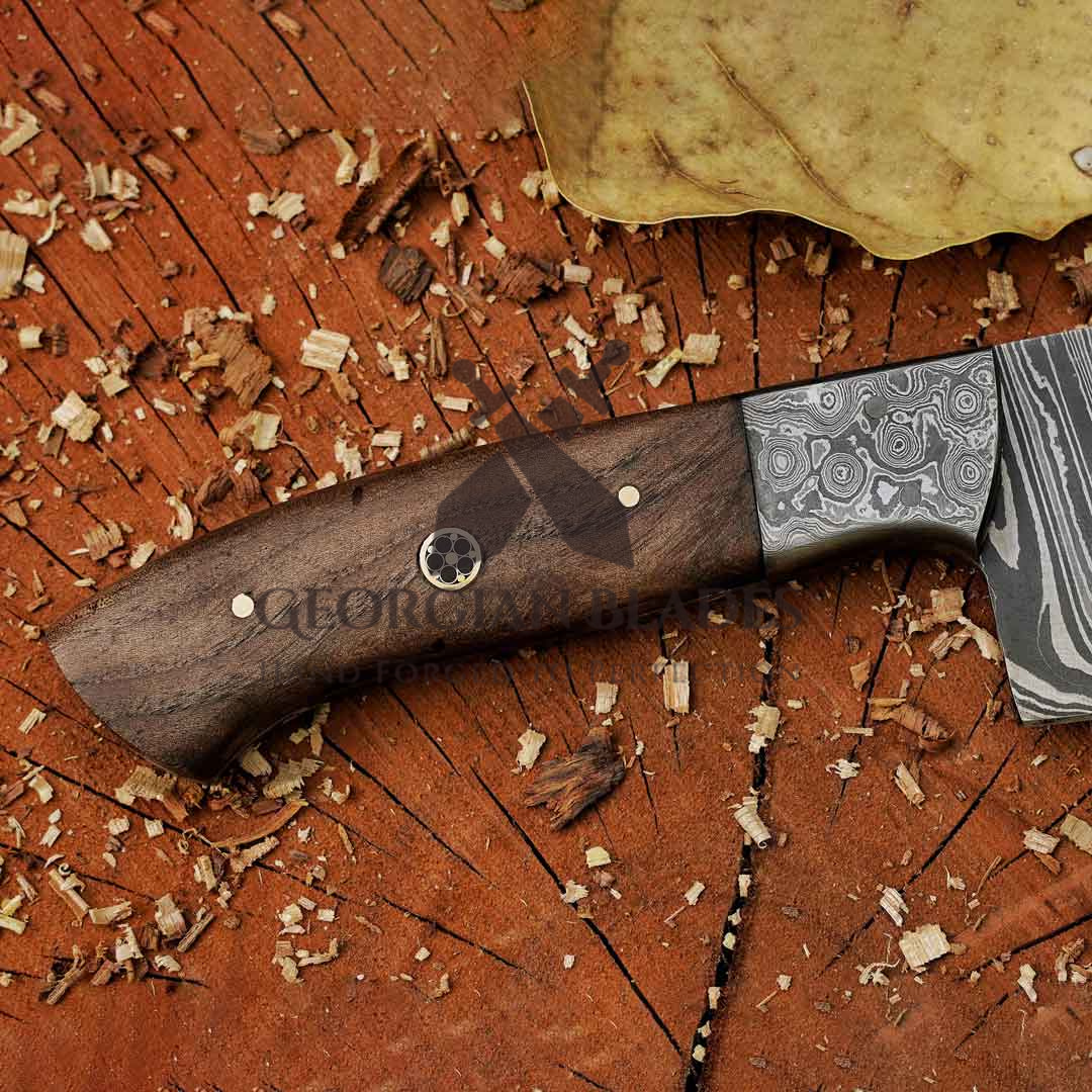 The "Julia Child" Chef Knife 12-inch Handmade Damascus Chef Knife with Damascus Bolster and Dark Walnut Handle and Leather Sheath