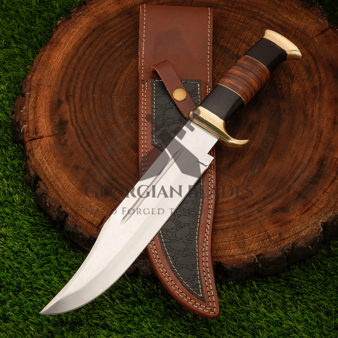 15" Bowie Knife: Scout's Sentine - Handmade J2 Bowie Knife Steel Hunting Fix Blade - Bull Horn & Leather Handle