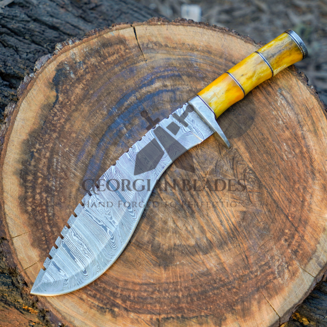 Pecos Bill Whittler - 22" Custom Handmade Forged Damascus Steel Survival Hunting Bushcraft Kukri Knife EDC With Camel Bone Handle