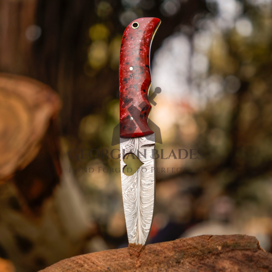 Heart Blade: 9" Full Tang Hand Forged Fixed Blade Gut Hook Damascus Steel Hunting Knife with Leather Sheath