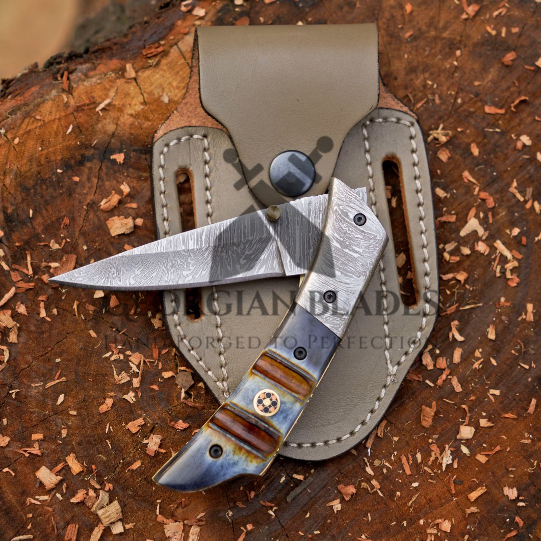 The Glenn Folder – 7.5 inch Damascus Steel Liner Lock Pocket Knife with Bone Handle and Leather Sheath