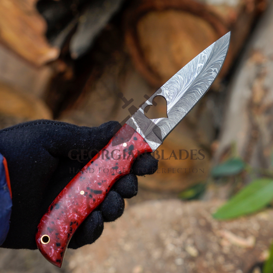 Heart Blade: 9" Full Tang Hand Forged Fixed Blade Gut Hook Damascus Steel Hunting Knife with Leather Sheath