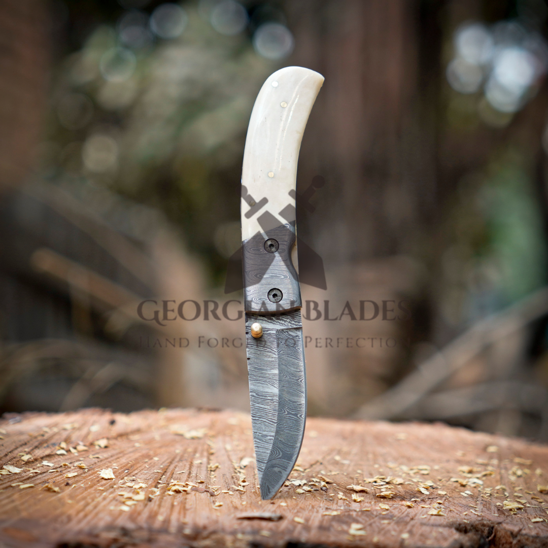 Cartilage Cutter: Hand Forged Damascus Steel Hunting Folding Knife With Damascus Bolster & Camel Bone Handle