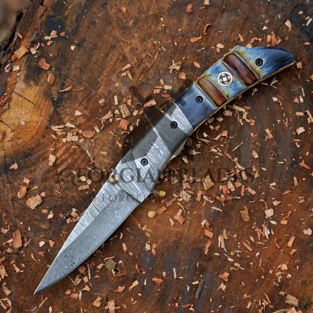 The Glenn Folder – 7.5 inch Damascus Steel Liner Lock Pocket Knife with Bone Handle and Leather Sheath