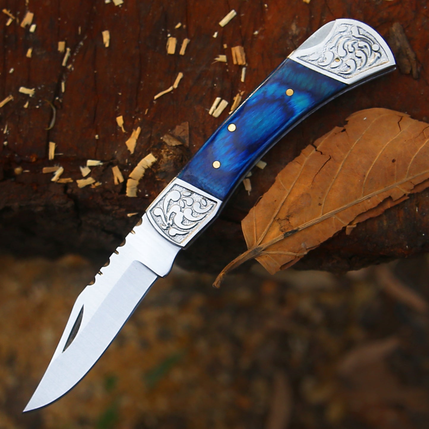 CelestialSnap - 7.5" Hand Forged Back Lock Focket Knife with Leather Sheath