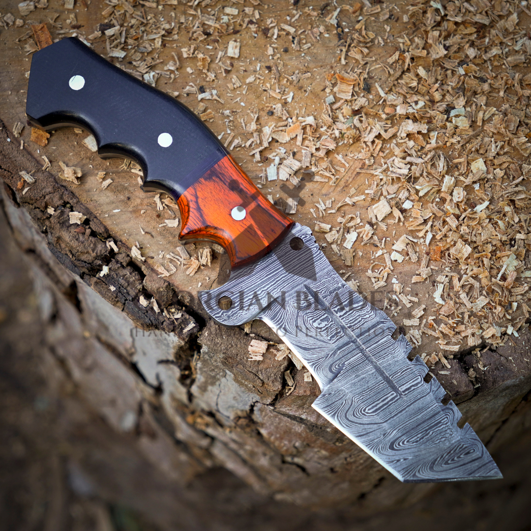 Explorer's Companion: 10” Damascus Steel Tracker Hunting Camping Knife With Resin & Wood Handle