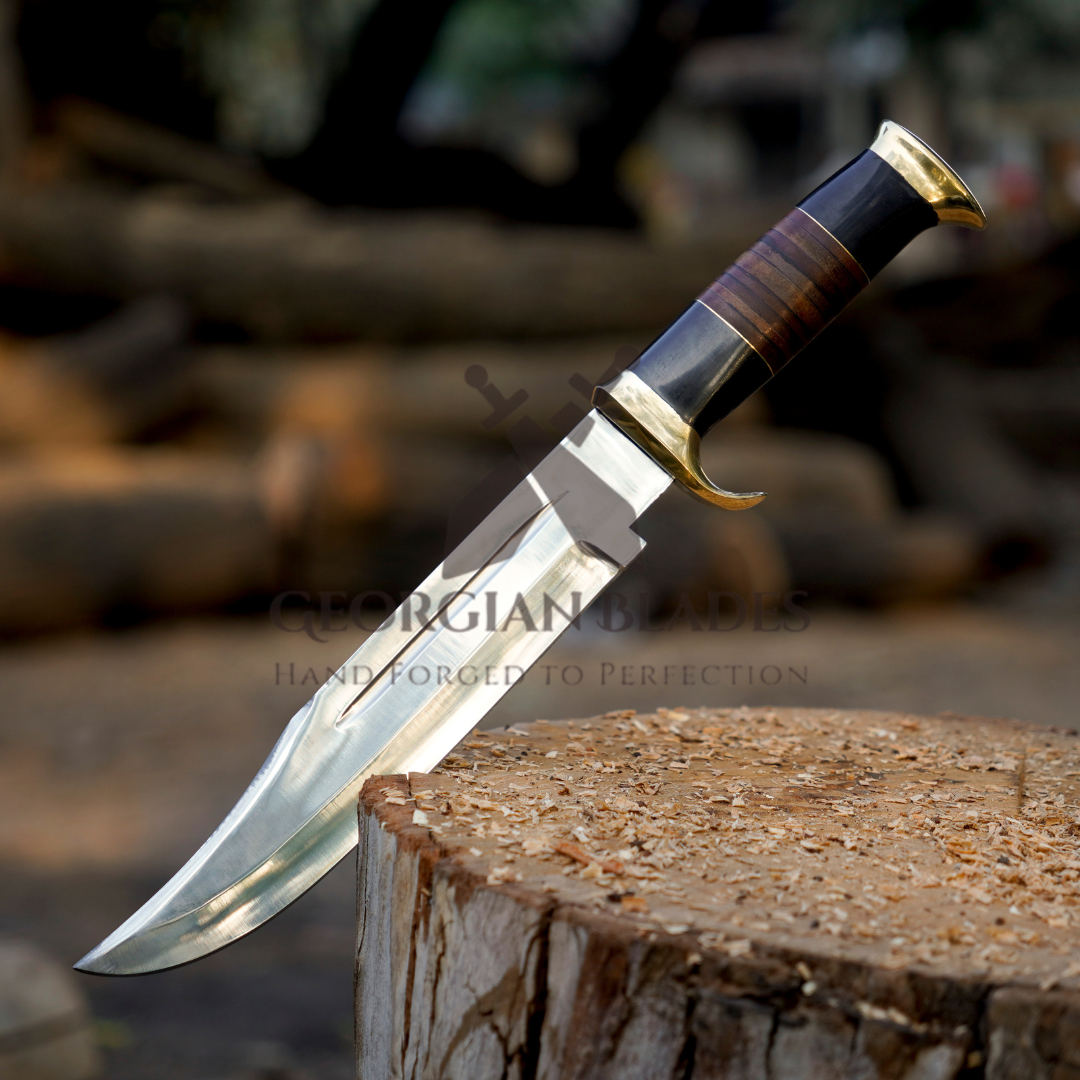 15" Bowie Knife: Scout's Sentine - Handmade J2 Bowie Knife Steel Hunting Fix Blade - Bull Horn & Leather Handle