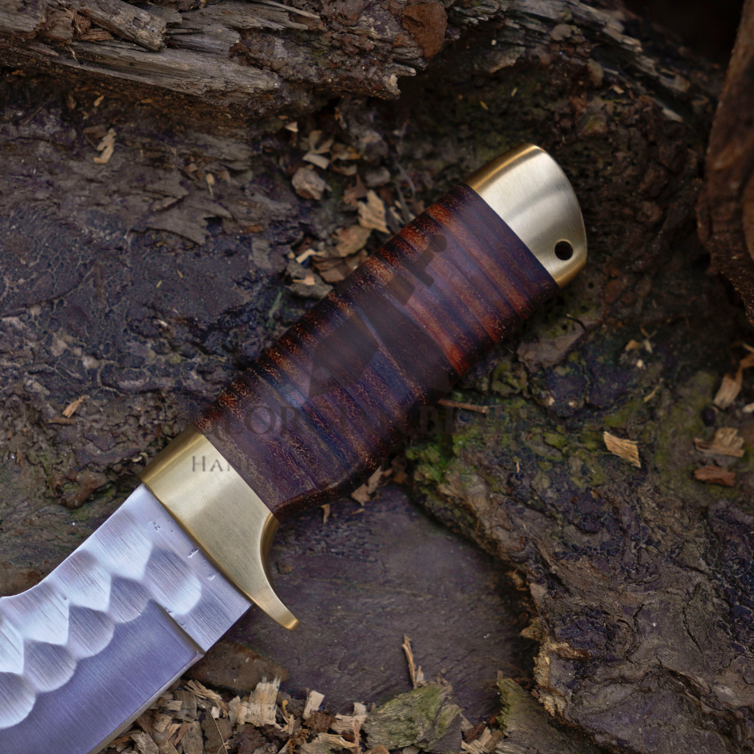 The Outrider – 9-inch Handcrafted Carbon Steel Bushcraft Knife with Leather Stacked Handle & Leather Sheath