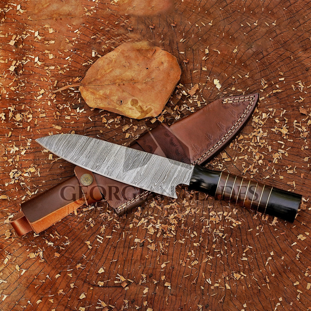 Wilderness Wanderer: 13" Handmade Damascus Chef Knife Buffalo Horn Handle, Damascus Blade Cooking Knife