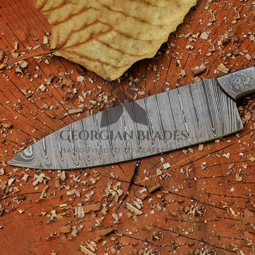 The "Julia Child" Chef Knife 12-inch Handmade Damascus Chef Knife with Damascus Bolster and Dark Walnut Handle and Leather Sheath