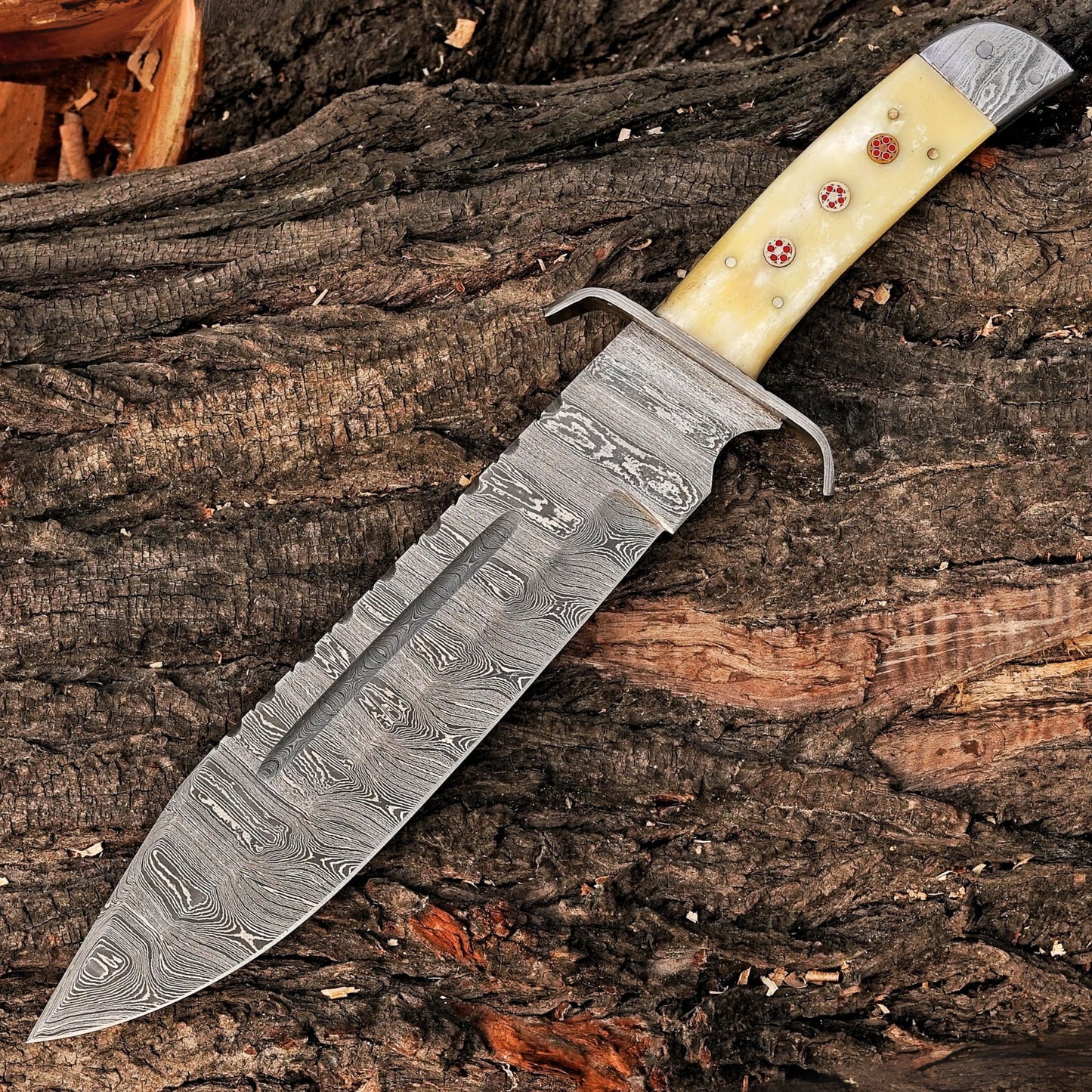 Paul Bunyan Razor - 15" Handmade Damascus Steel Bowie Knife- Full Tang - Camel Bone Handle