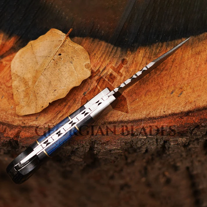 Midnight Wave- 6.5" Handmade Folding Knife with Damascus Blade and Leather Sheath