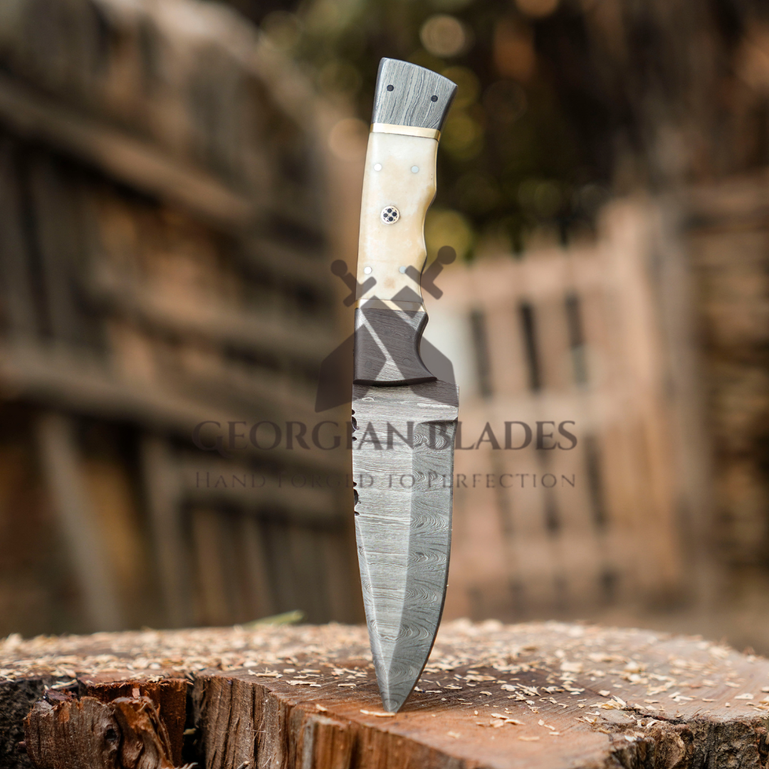 Br'er Rabbit Blade - 8.5” Hand Forged Damascus Steel Full Tang Skinner Knife - Camel Bone Handle