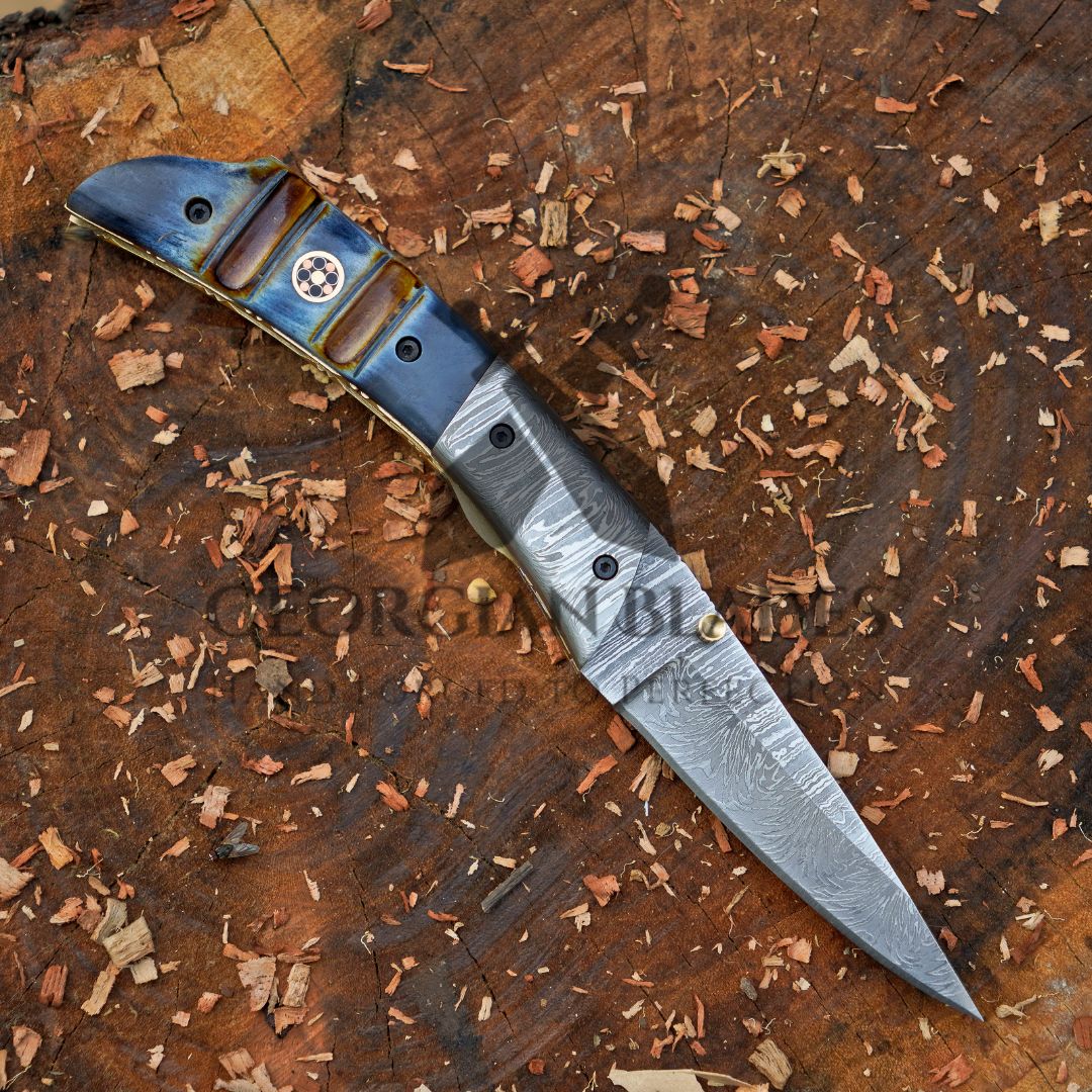 The Glenn Folder – 7.5 inch Damascus Steel Liner Lock Pocket Knife with Bone Handle and Leather Sheath