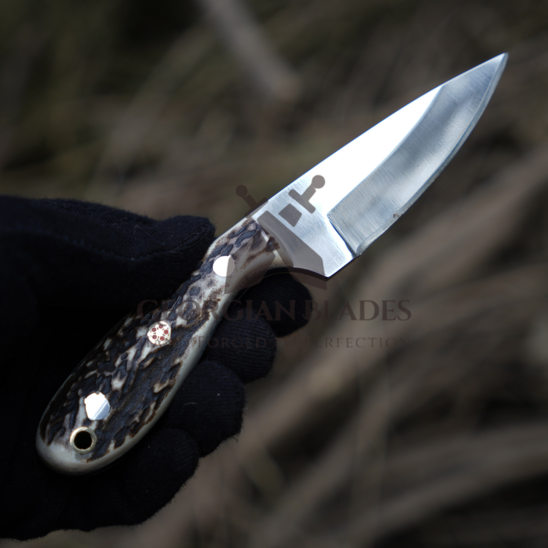 The Ghost Ridge Hunting Knife - Premium Hand Forged Full Tang Skinning Knife - Stag Antler Handle - D2 Steel- 7 inches