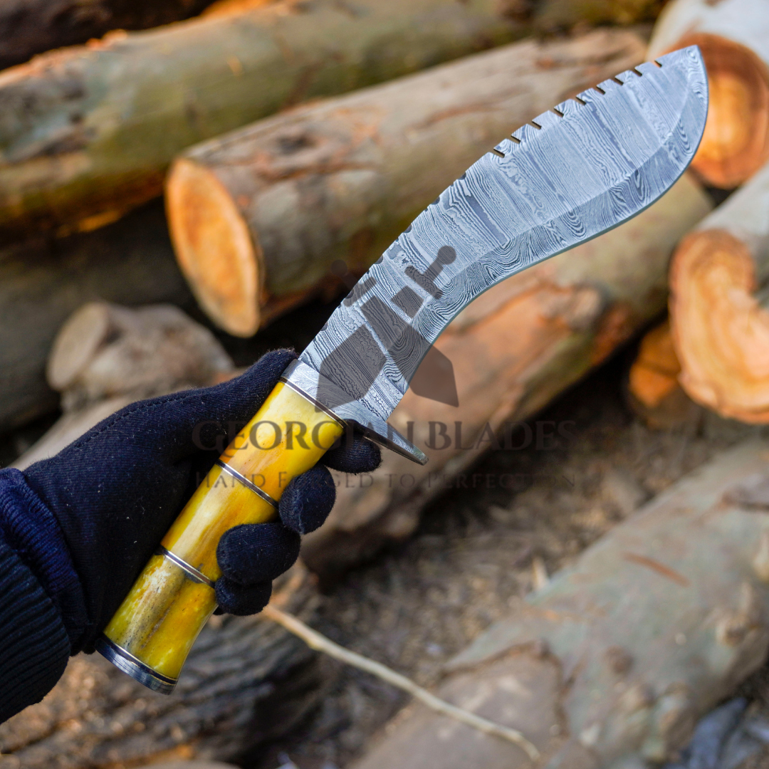 Pecos Bill Whittler - 22" Custom Handmade Forged Damascus Steel Survival Hunting Bushcraft Kukri Knife EDC With Camel Bone Handle