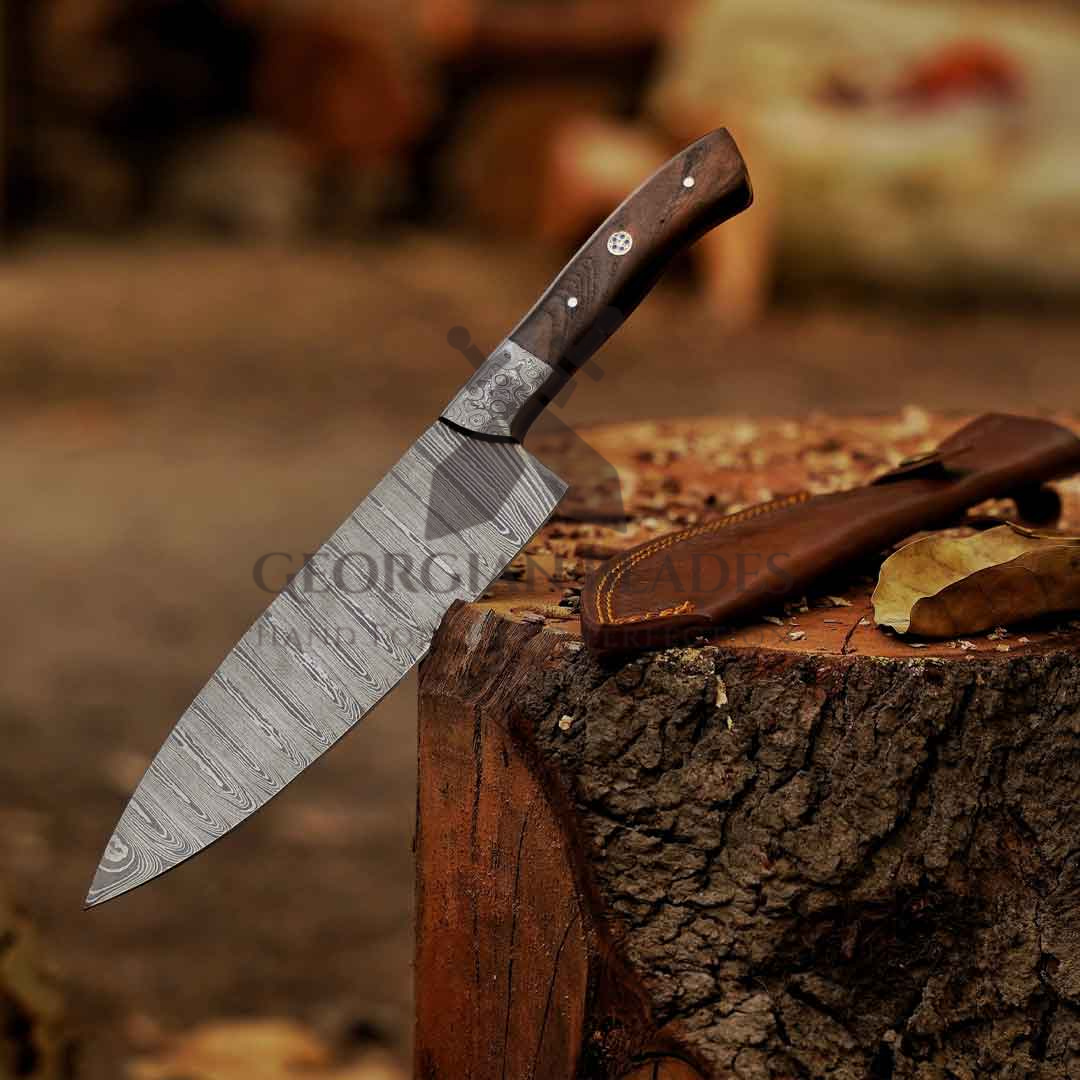 The "Julia Child" Chef Knife 12-inch Handmade Damascus Chef Knife with Damascus Bolster and Dark Walnut Handle and Leather Sheath