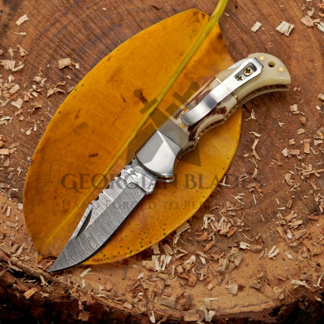 The Sully Folder - 7 inch Pocket Folding Clip Knife with Stag and Bone Handle and Leather Sheath
