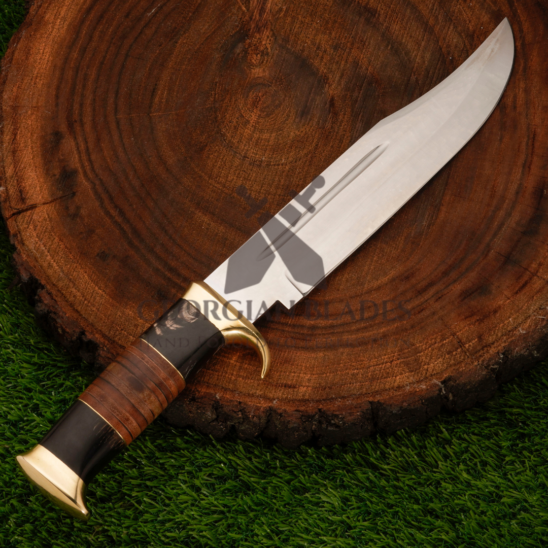 15" Bowie Knife: Scout's Sentine - Handmade J2 Bowie Knife Steel Hunting Fix Blade - Bull Horn & Leather Handle
