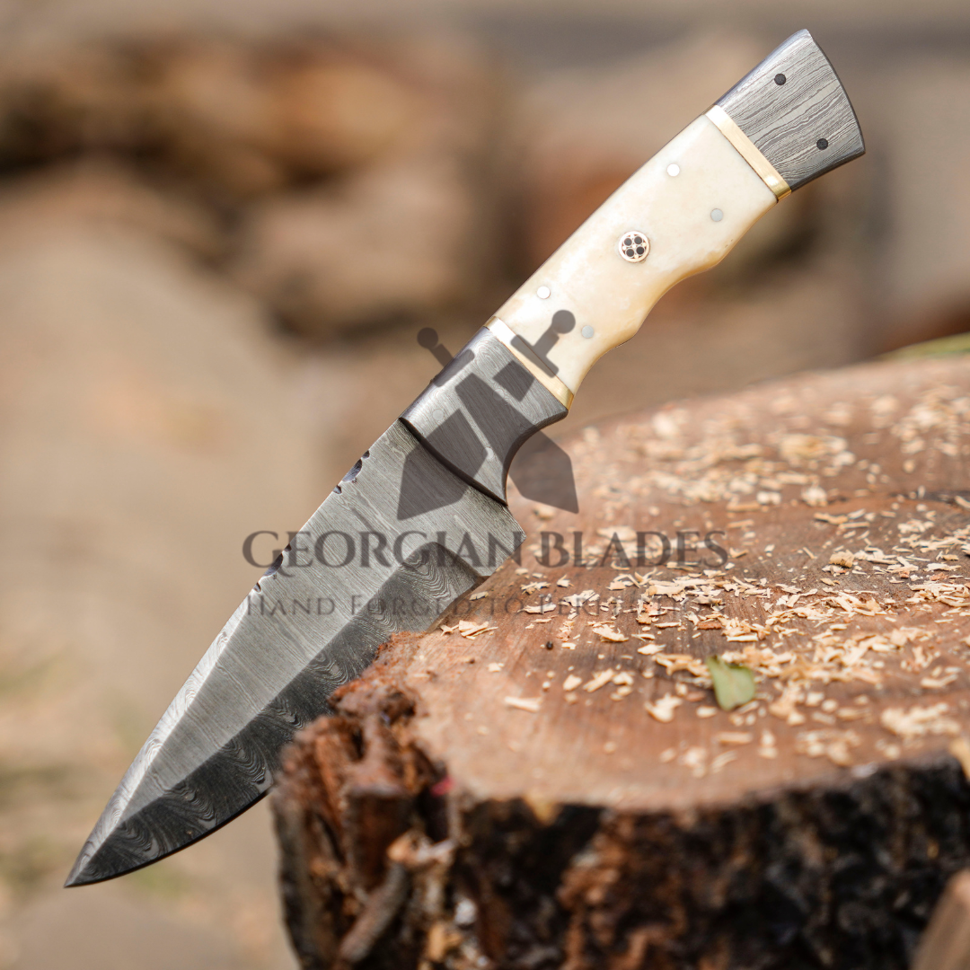 Br'er Rabbit Blade - 8.5” Hand Forged Damascus Steel Full Tang Skinner Knife - Camel Bone Handle