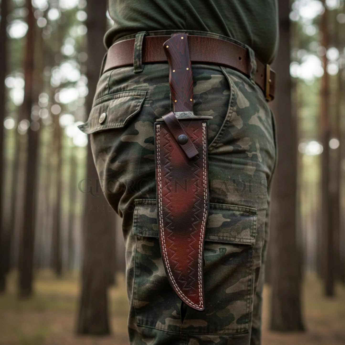 Long Creek Bowie – 15.25" Hand-Forged Damascus Bowie Knife with Leather Sheath