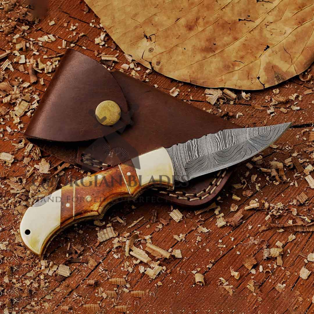 The John Paul Jones Damascus Folding Knife 6.75-inch Bone Handle Knife with Leather Sheath