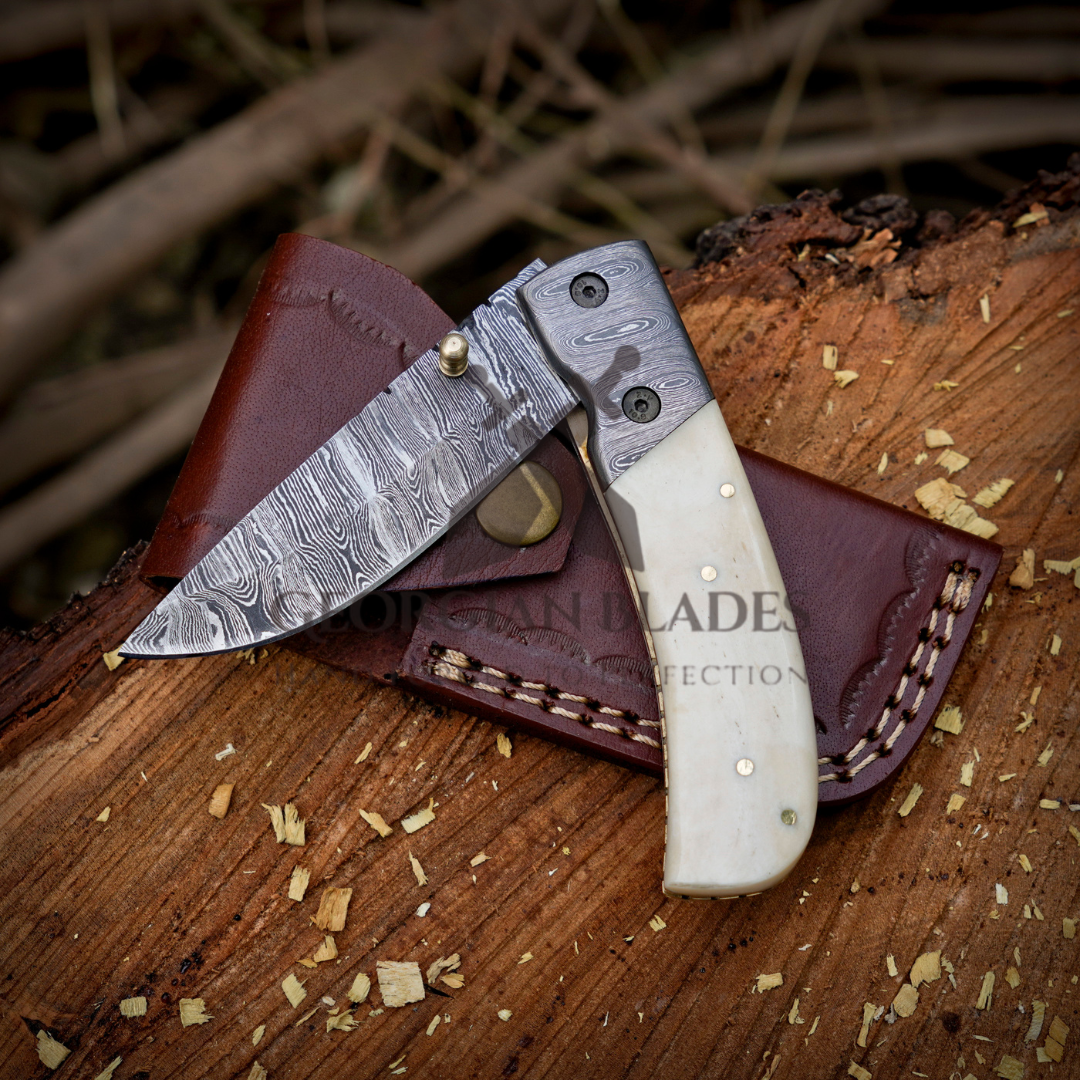 Cartilage Cutter: Hand Forged Damascus Steel Hunting Folding Knife With Damascus Bolster & Camel Bone Handle