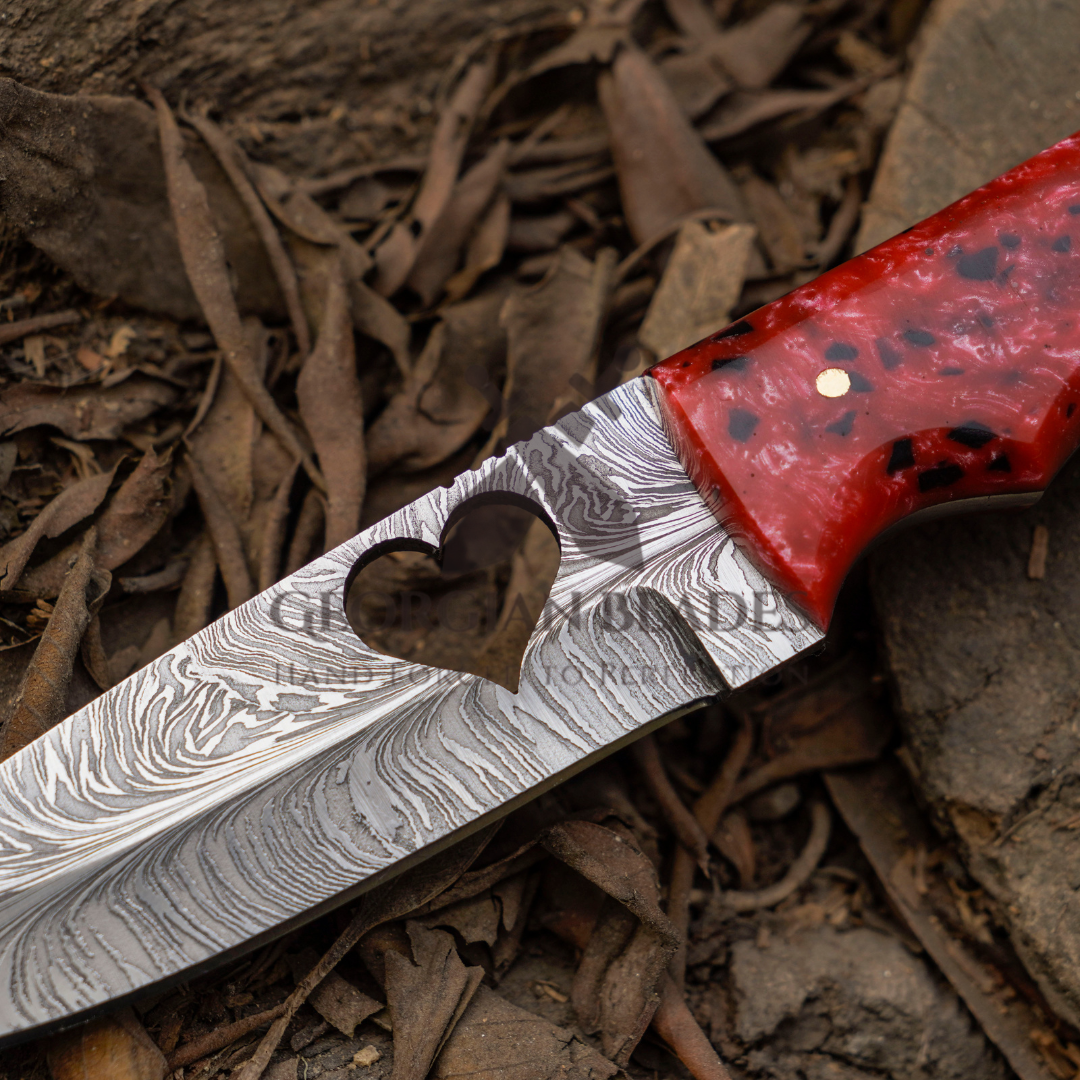 Heart Blade: 9" Full Tang Hand Forged Fixed Blade Gut Hook Damascus Steel Hunting Knife with Leather Sheath