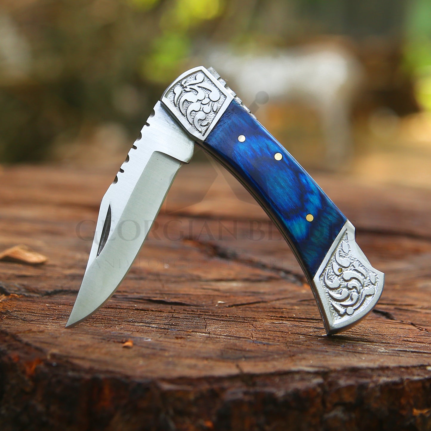 CelestialSnap - 7.5" Hand Forged Back Lock Focket Knife with Leather Sheath