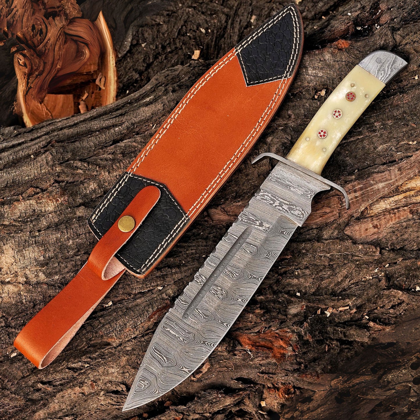 Paul Bunyan Razor - 15" Handmade Damascus Steel Bowie Knife- Full Tang - Camel Bone Handle
