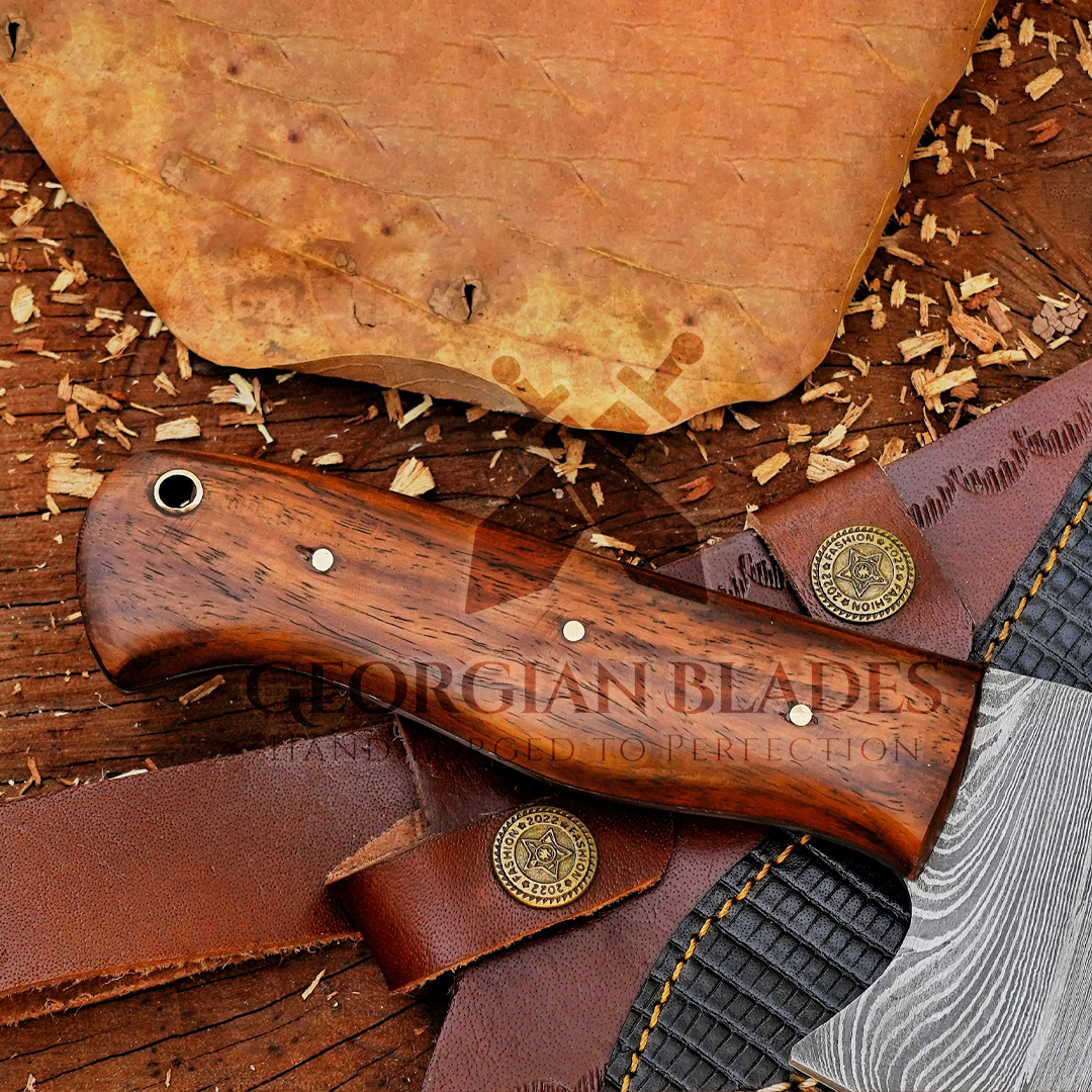Savage Serenity: 10" Damascus Meat Cleaver with Dark Wood Handle & Leather Sheath, Damascus Steel Cleaver Chopper