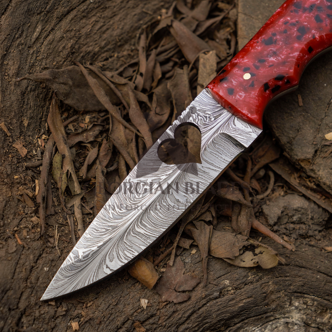 Heart Blade: 9" Full Tang Hand Forged Fixed Blade Gut Hook Damascus Steel Hunting Knife with Leather Sheath