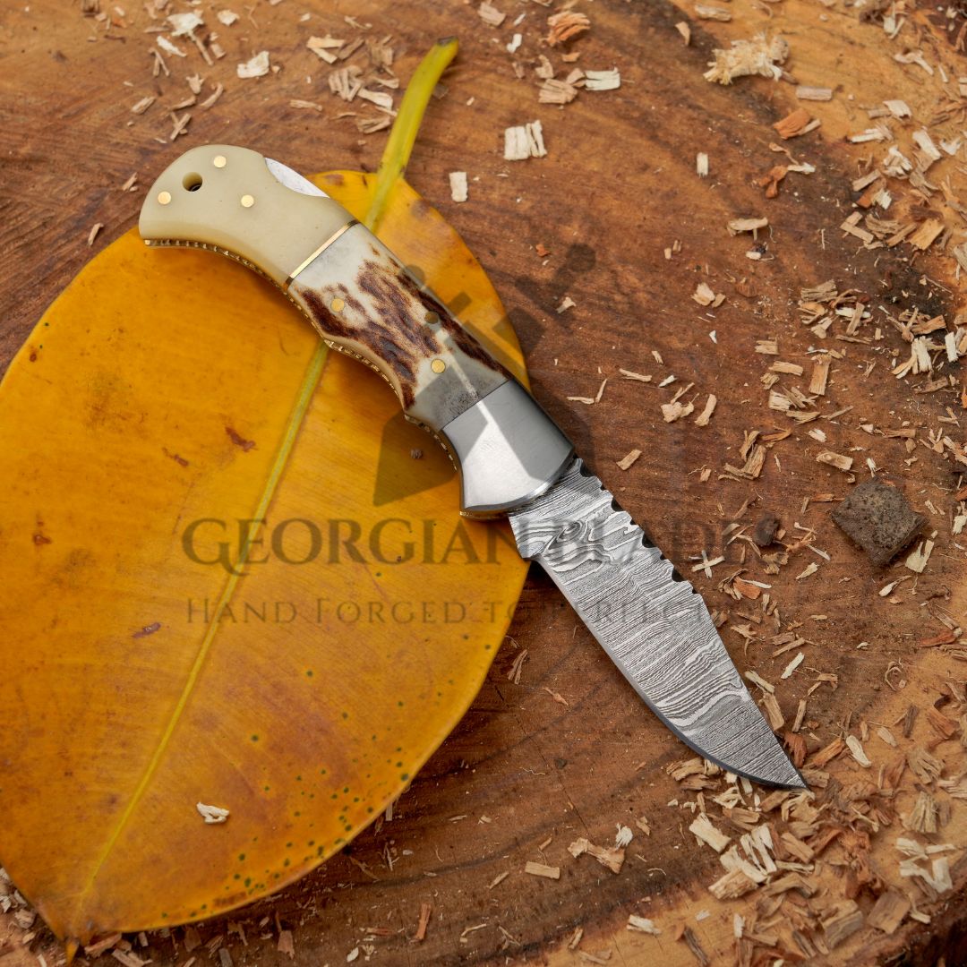 The Sully Folder - 7 inch Pocket Folding Clip Knife with Stag and Bone Handle and Leather Sheath