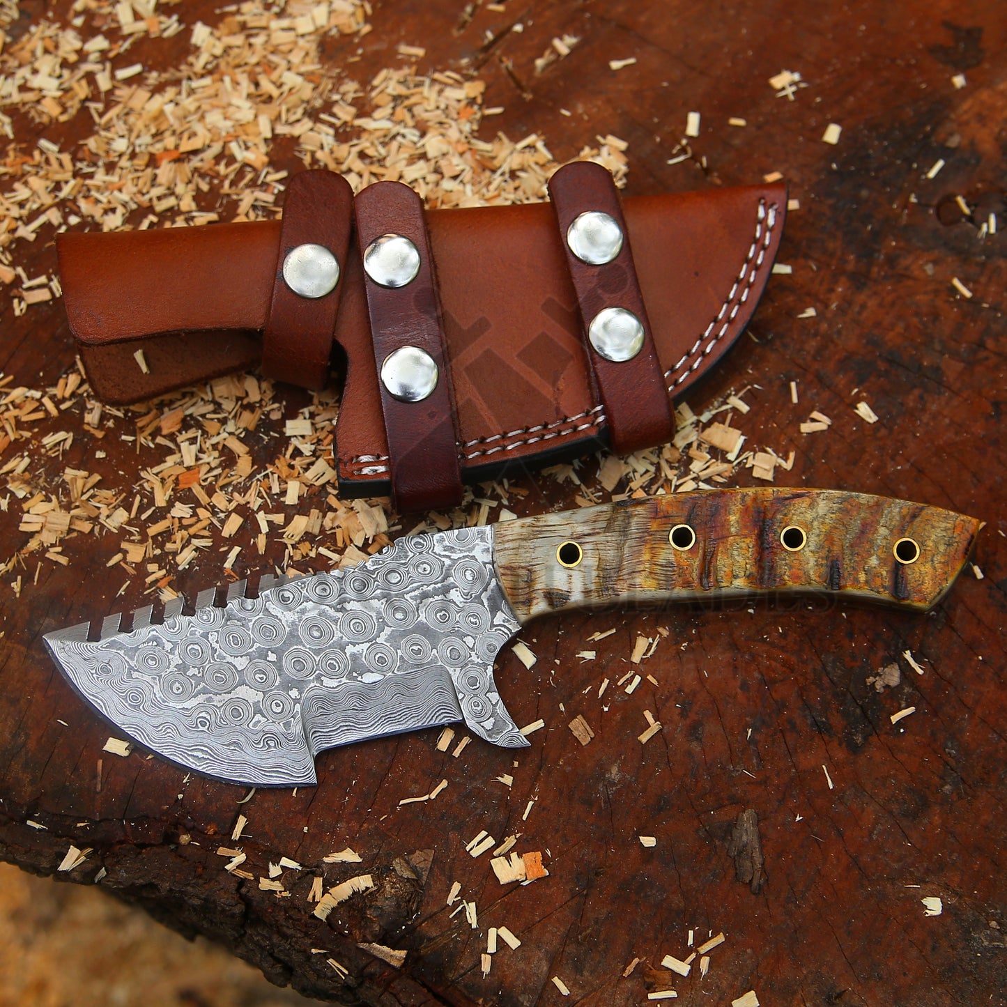 Wilderness Wayfinder: 10” Custom Hand Forged Damascus Steel Tracker Knife With Ram Horn Handle