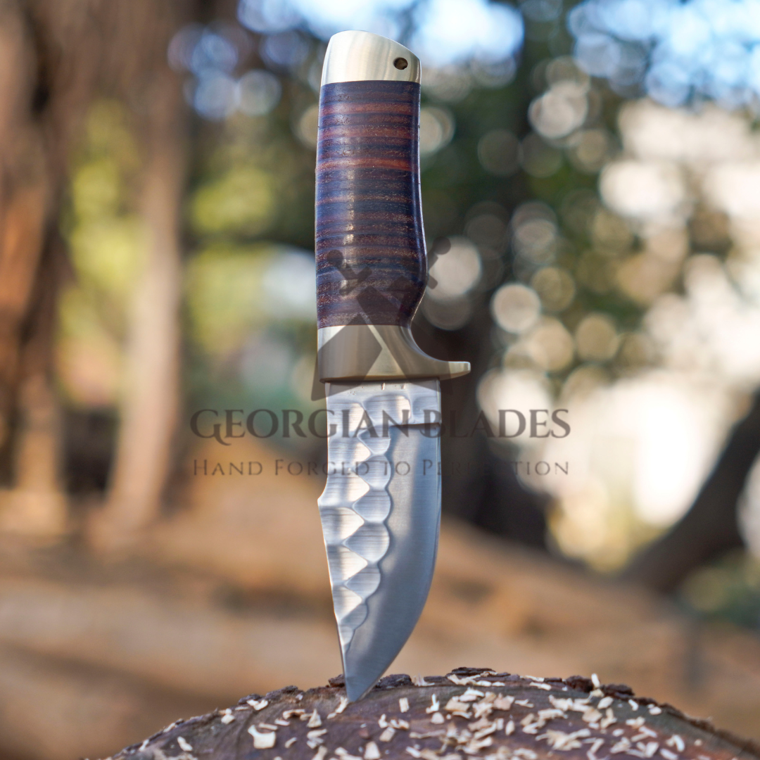 The Outrider – 9-inch Handcrafted Carbon Steel Bushcraft Knife with Leather Stacked Handle & Leather Sheath