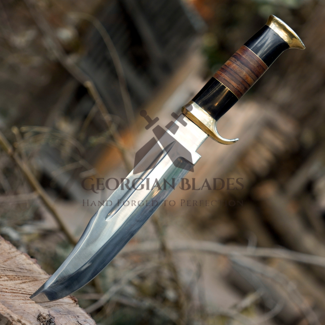 15" Bowie Knife: Scout's Sentine - Handmade J2 Bowie Knife Steel Hunting Fix Blade - Bull Horn & Leather Handle