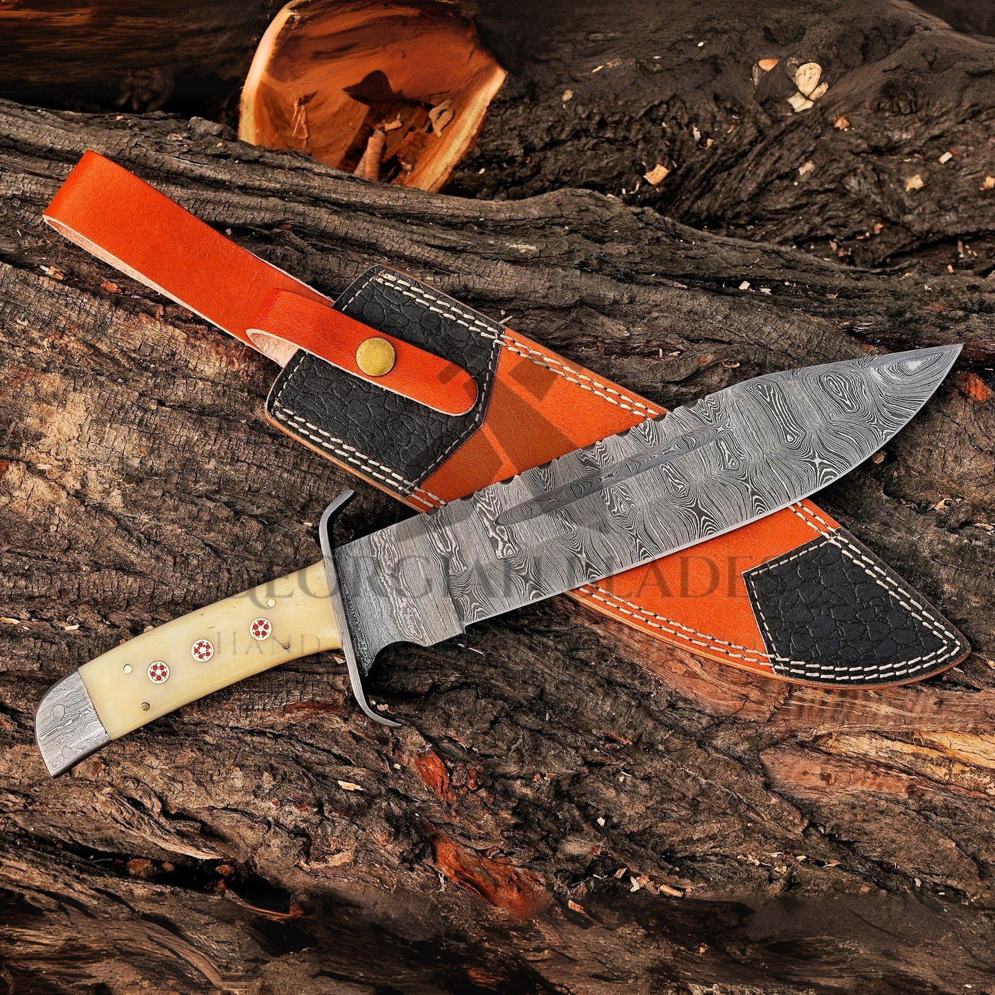Paul Bunyan Razor - 15" Handmade Damascus Steel Bowie Knife- Full Tang - Camel Bone Handle