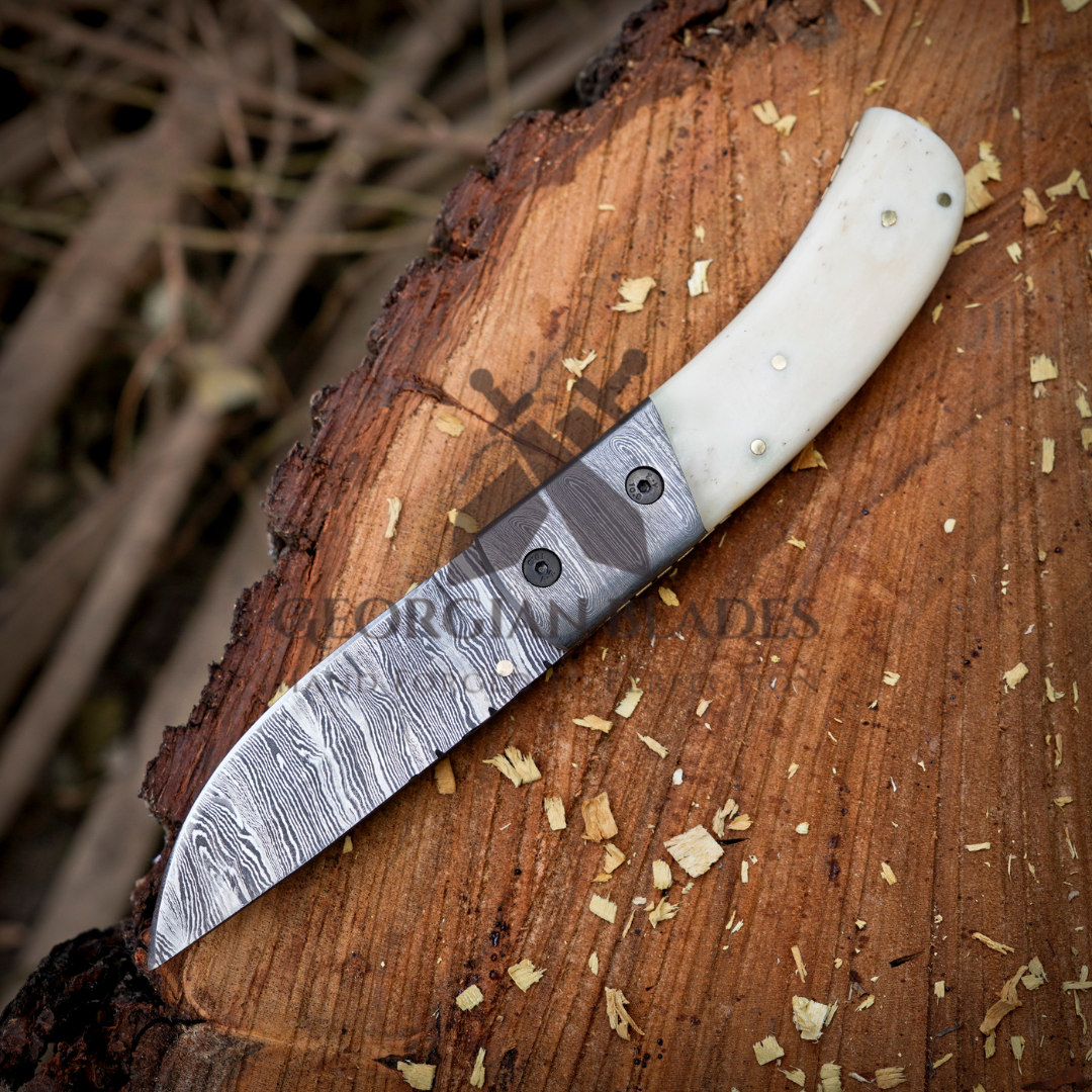 Cartilage Cutter: Hand Forged Damascus Steel Hunting Folding Knife With Damascus Bolster & Camel Bone Handle
