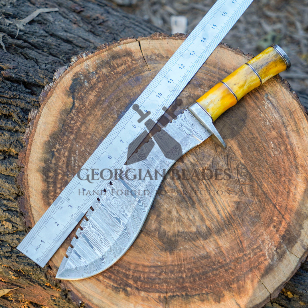 Pecos Bill Whittler - 22" Custom Handmade Forged Damascus Steel Survival Hunting Bushcraft Kukri Knife EDC With Camel Bone Handle