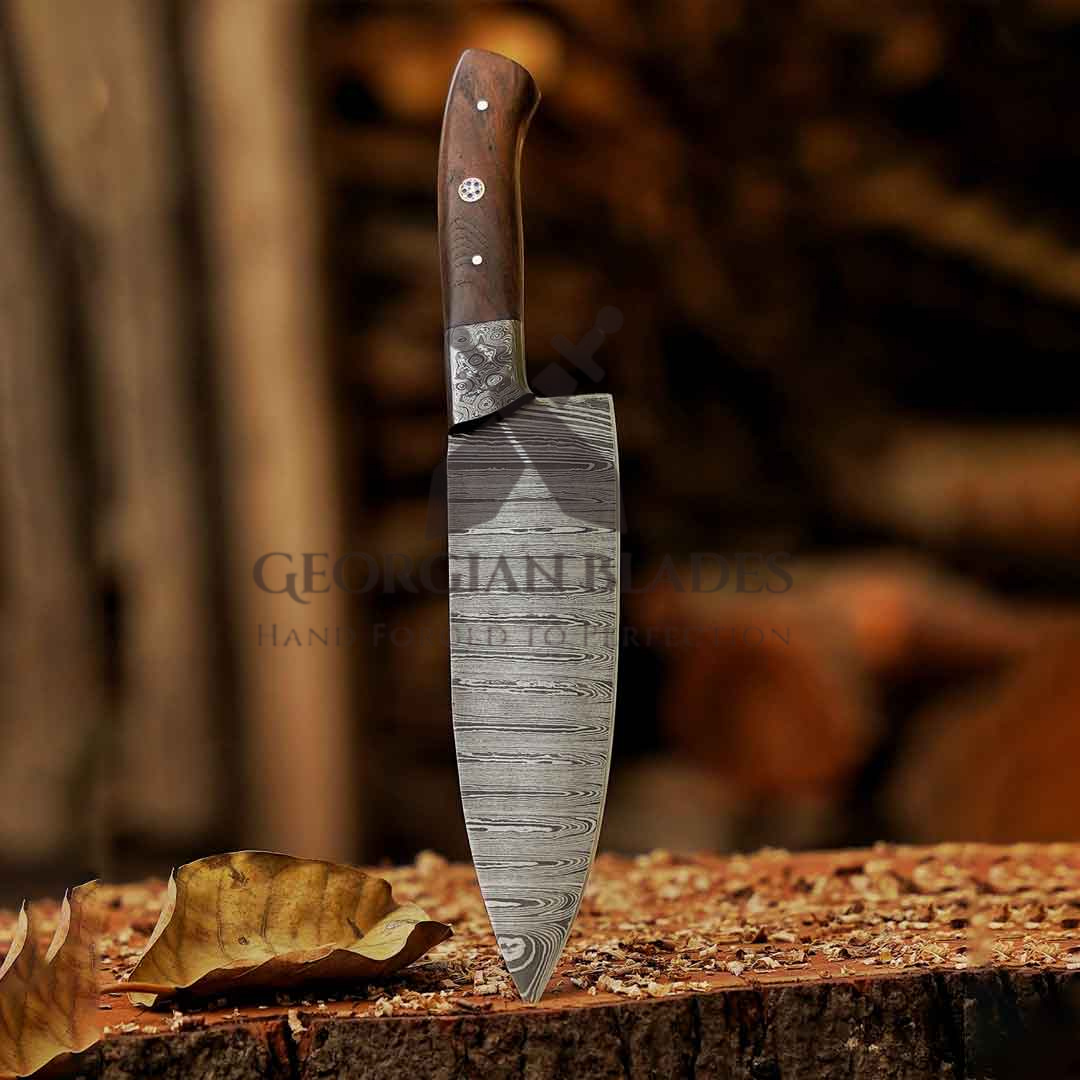 The "Julia Child" Chef Knife 12-inch Handmade Damascus Chef Knife with Damascus Bolster and Dark Walnut Handle and Leather Sheath