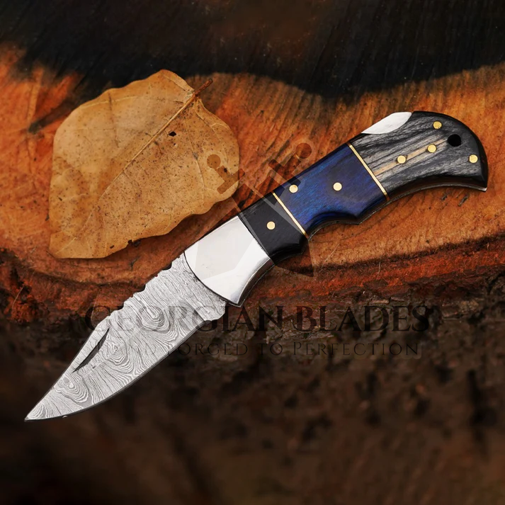 Midnight Wave- 6.5" Handmade Folding Knife with Damascus Blade and Leather Sheath