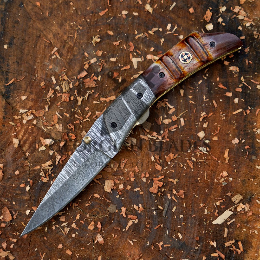 The Nimitz Folder – 7.5 inch Damascus Steel Liner Lock Pocket Knife with Bone Handle and Leather Sheath