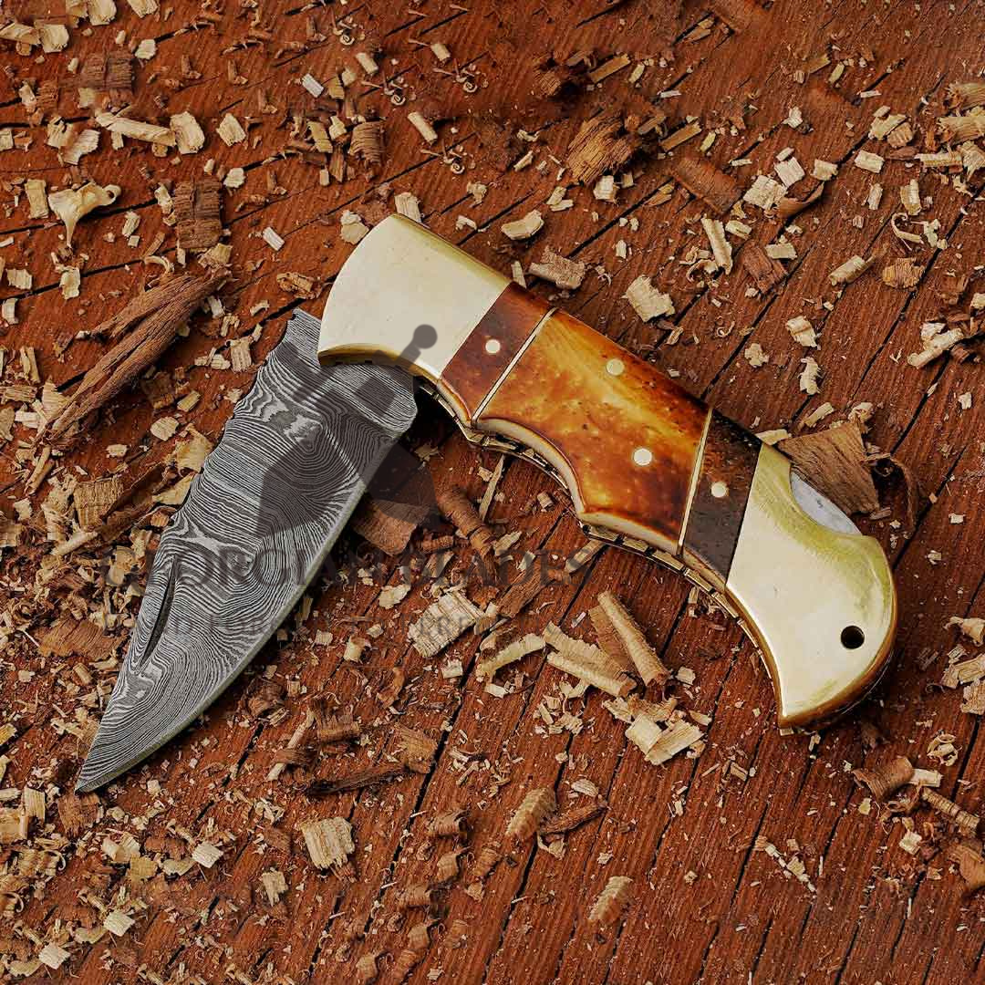The John Paul Jones Damascus Folding Knife 6.75-inch Bone Handle Knife with Leather Sheath