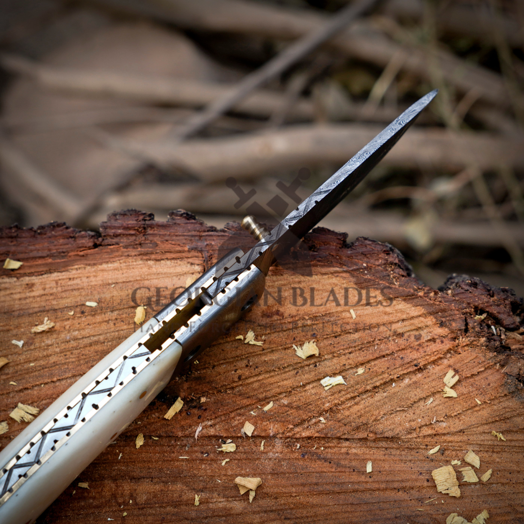Cartilage Cutter: Hand Forged Damascus Steel Hunting Folding Knife With Damascus Bolster & Camel Bone Handle