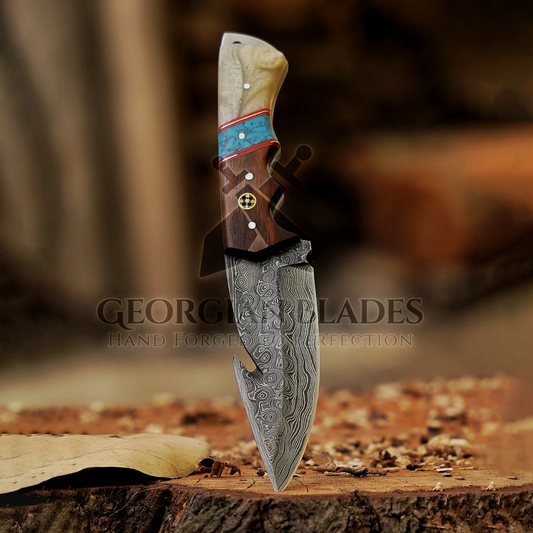 Trailblazer's Blade - 9" Hand Forged Damascus Steel Hunting Knife with Leather Sheath