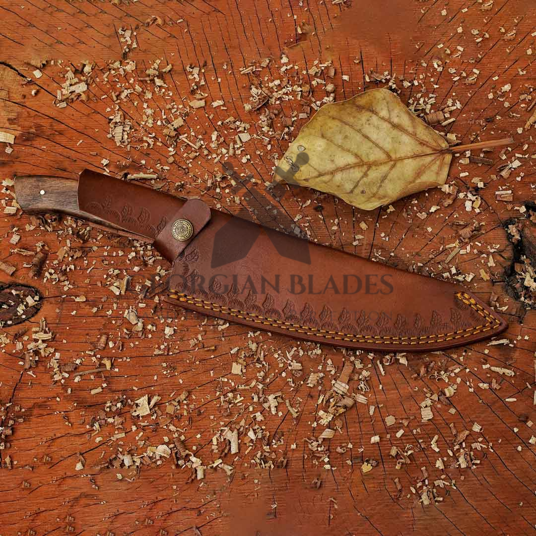 The "Julia Child" Chef Knife 12-inch Handmade Damascus Chef Knife with Damascus Bolster and Dark Walnut Handle and Leather Sheath